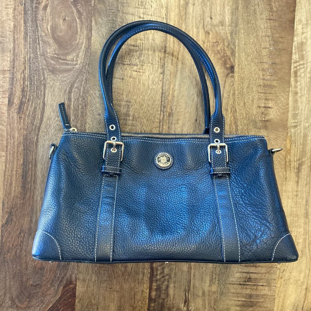 Black Leather Tote Handbag with Logo Medallion